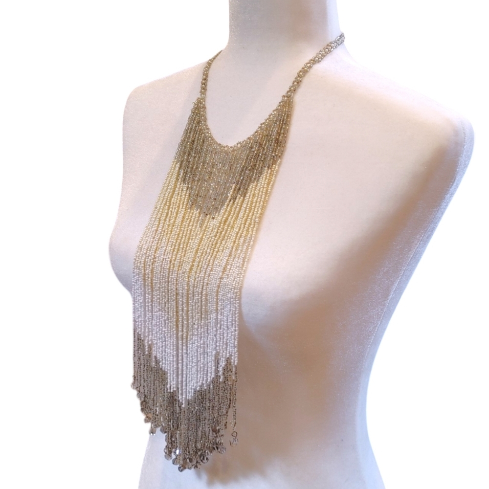 Chico's Beaded Fringe Beige Gold Large Bib Statement Necklace Fashion Jewelry - Picture 3 of 7